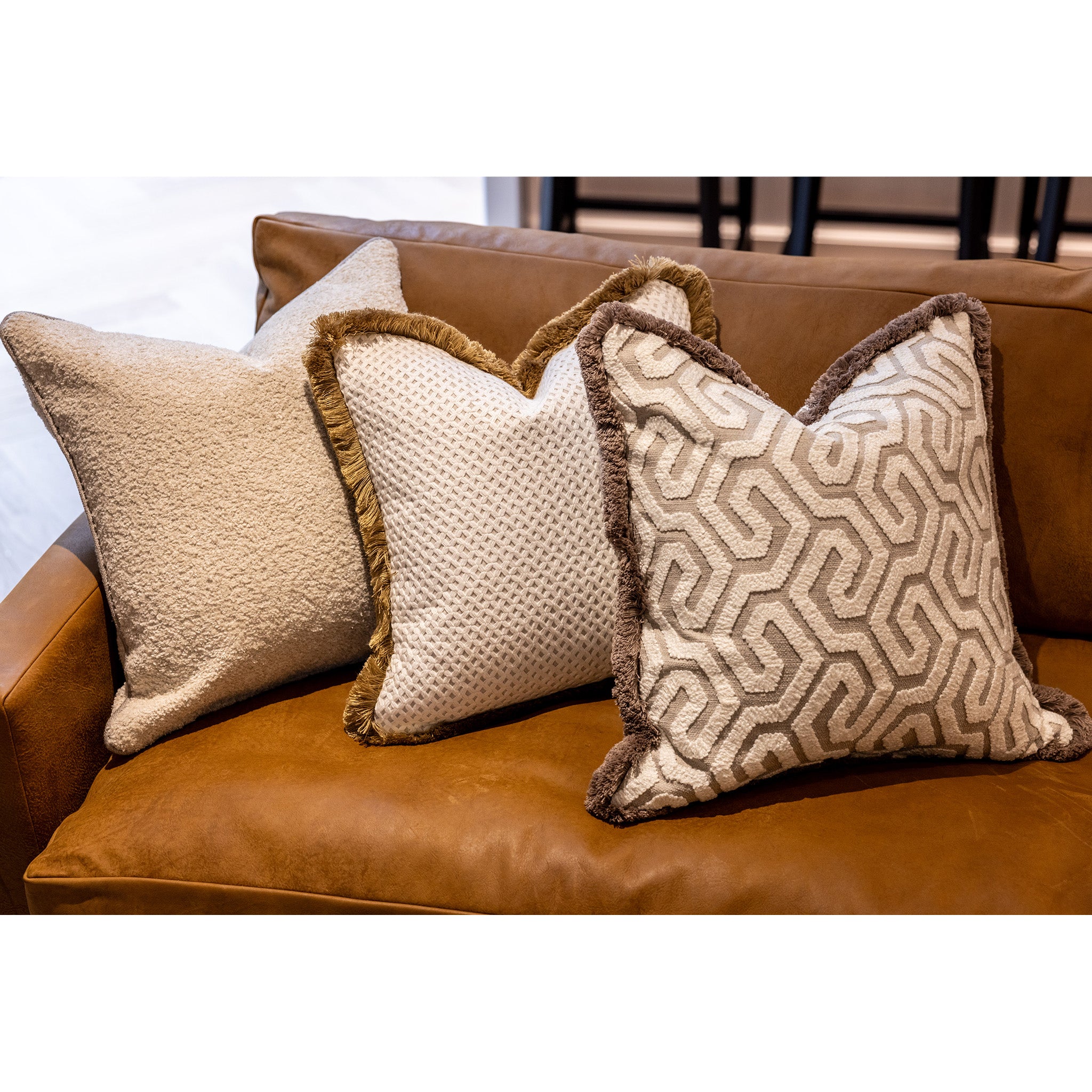 Mini Geo Applique and Fringed Cushion with Contrast Back